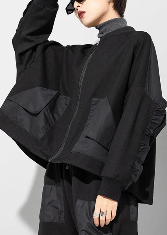 Fashion Loose O-neck Patchwork Pockets Long Sleeve With Ruffles Zip-up Coat 