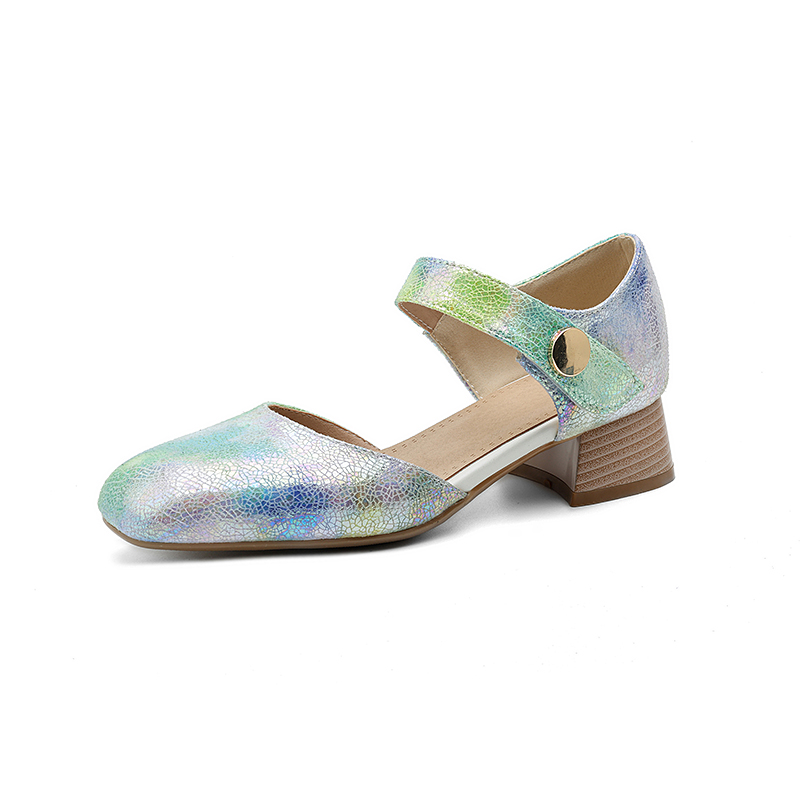 GOOSHOE Square Head Wood Grain Thick Heel With Shallow Mouth Color Gradient Ankle Metal Button Side Hollowed Out Mary Jane Sandals