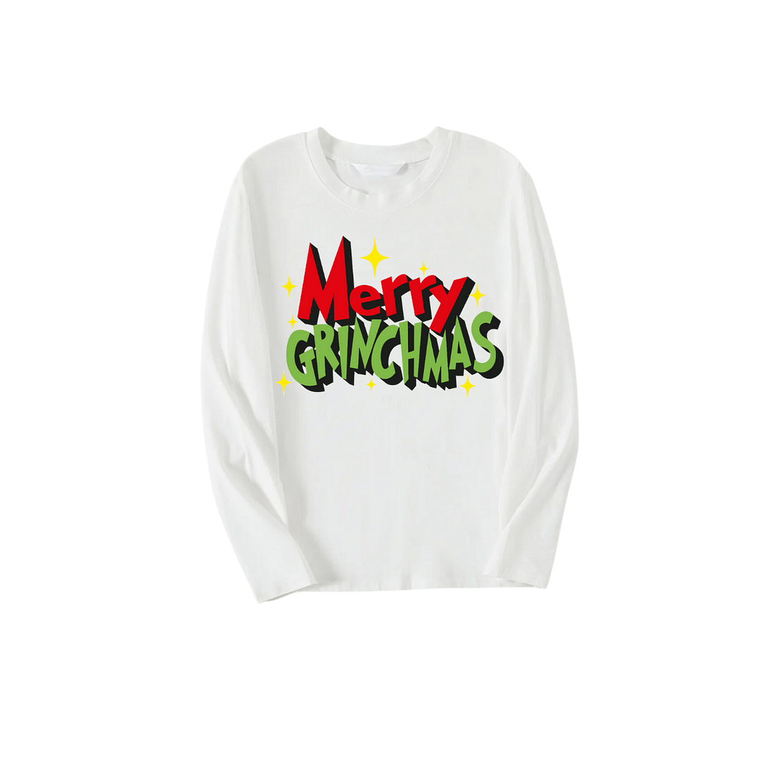 Christmas Merry Grinchmas Letter Printed White Long Sleeve Top with Black & White Plaid Pants Family Matching Pajamas