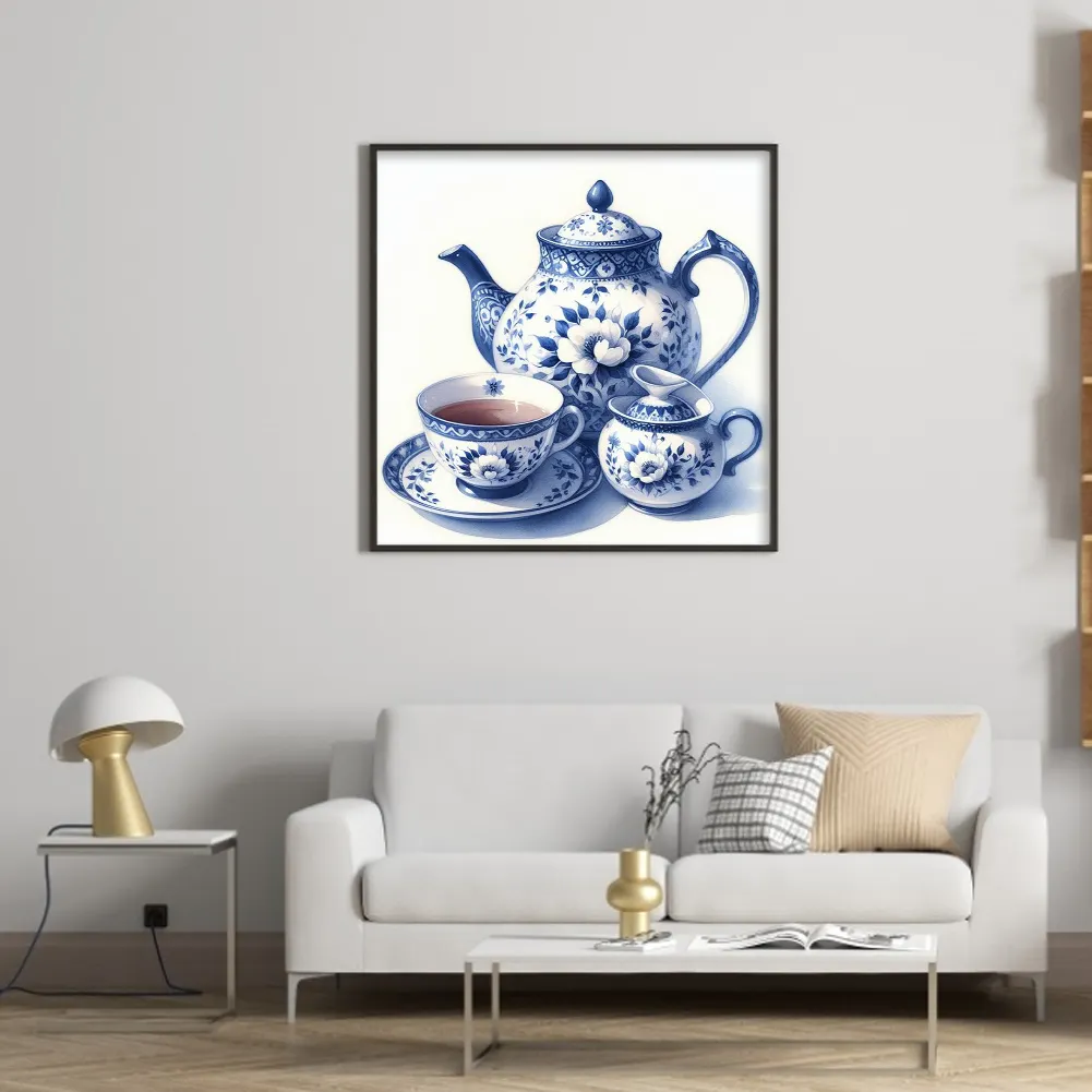 11CT Full Stamped Cross Stitch - Blue and white porcelain Porcelain Teapot(Canvas|40*40CM)