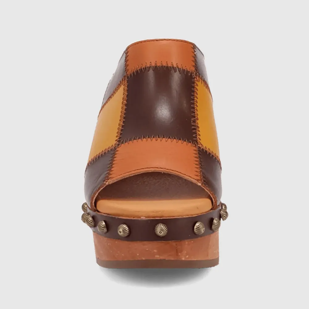 Multicolor Round Toe Stitching Studded Platform Color Block Mules