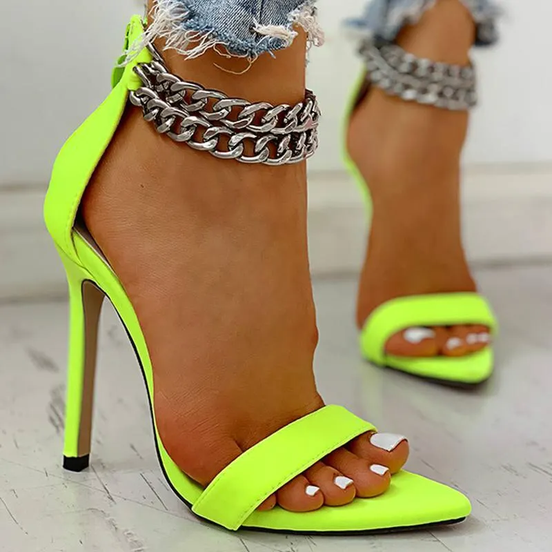 New Women Office Pumps Metal Decoration Chain Buckled Open Toe Thin Heels Sandals  Leopard Chain Buckled Fashion Stylish Shoes