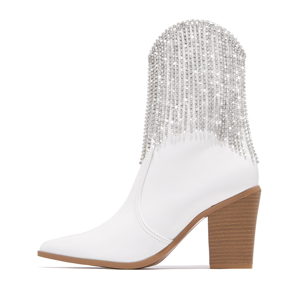 White Pointed Toe Rhinestone Fringe Short Western Boots for Women Nicepairs