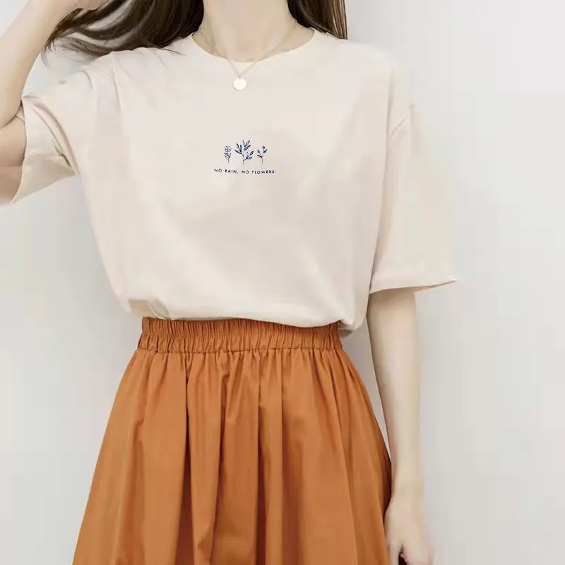 Brownm Brownm Sleeve Korean Round Collar T-Shirt Female 2024 Summer Loose Plant Print Casual Solid Color Student Half Sleeve Top Tide