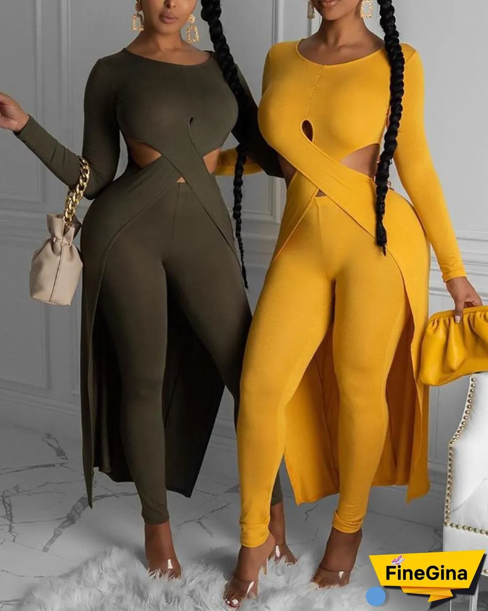Solid Cutout Asymmetrical Top & Pants Set