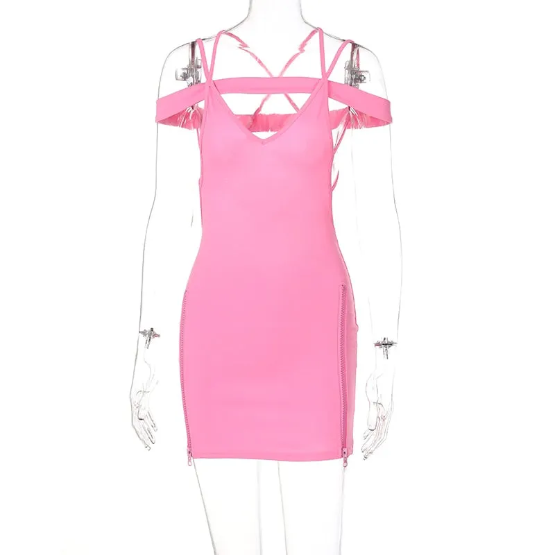 Hugcitar 2021 Solid Halter Bandage Slip Zipper Mini Dress Hollow Out Backless Bodycon Sexy Party Elegant Club Slim Y2K Robe