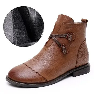 GKTINOO Autumn Winter Genuine Leather Flat Ankle Boots For Women Warm Boots Side Zipper Soft Comfortable Cow Leather Botas