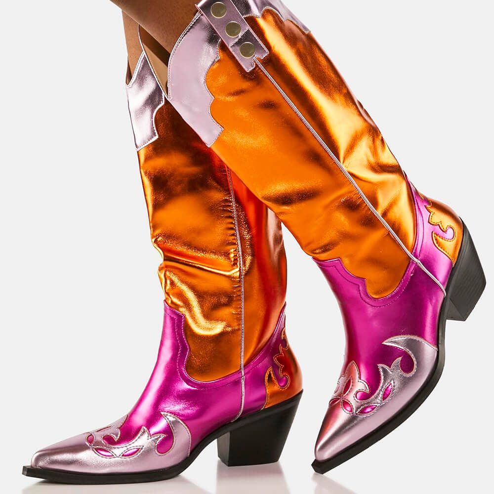 Metallic Multicolor Patchwork Pointed Toe Cowgirl Boots with Studs Nicepairs