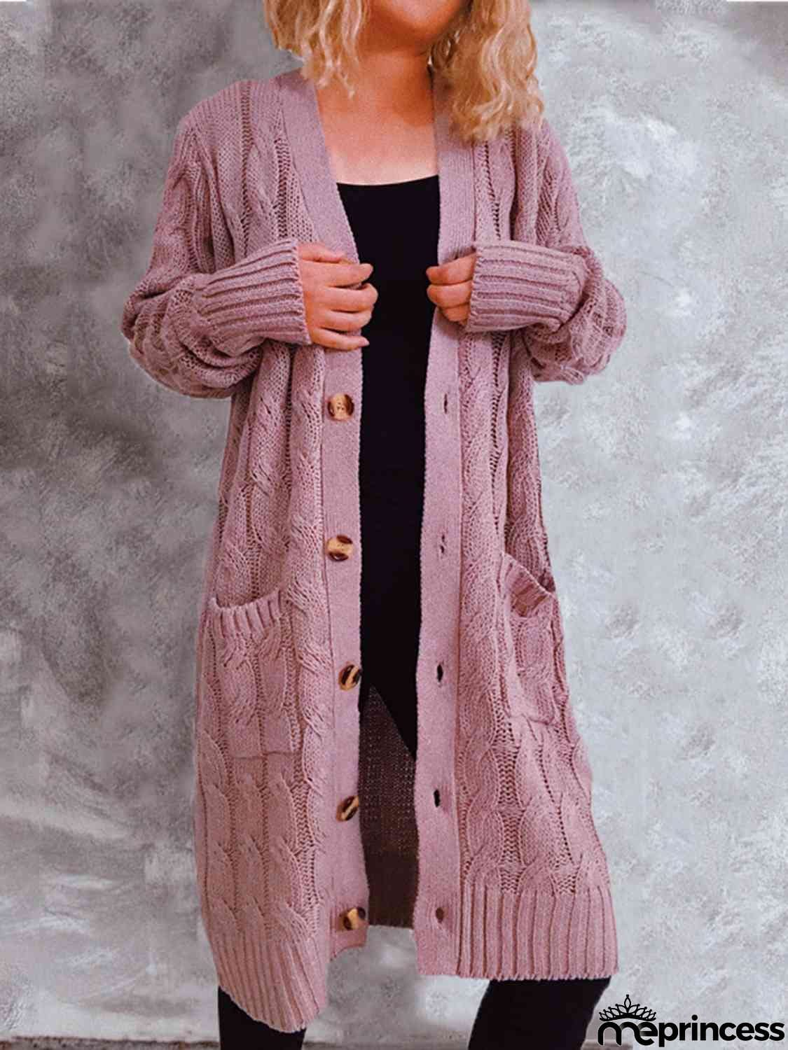 Button Up Cable-Knit Cardigan with Pockets