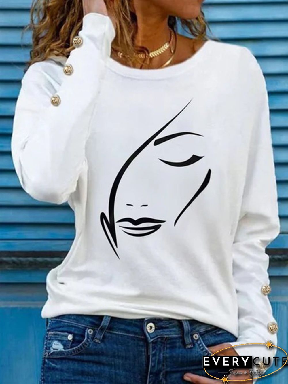 Abstract Face Printed Long Sleeves Crew Neck Plus Size Casual Tops