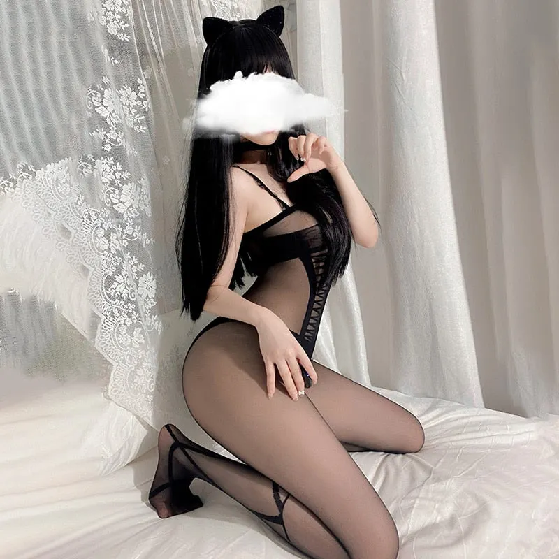 OJBK Women Crotchless Costumes Teddy Sexy Lingerie Bodystockings Erotic Elasticity Mesh Bodysuits Underwear Porno Plus Size 2022