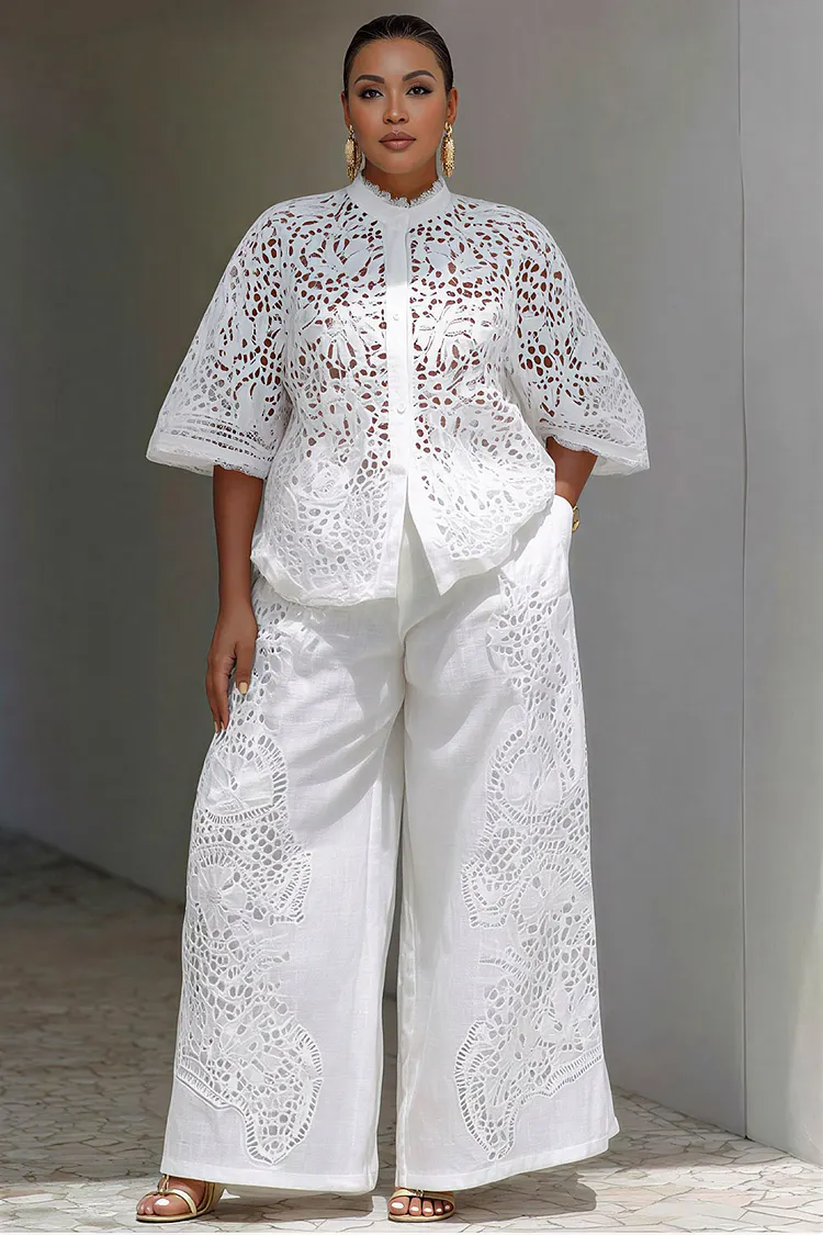 Xpluswear Design Plus Size Vacation White Stand-Up Collar Flare Half Sleeve Cut Out Pocket Guipure Lace Two Piece Pant Sets [Pre-Order] 2024 - Xpluswear