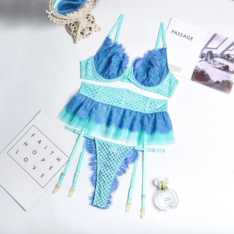 Billionm Sexy Lingerie Women Intimates Lace Underwear Set Push Up Bra Fish Net Nightwear Mesh Sheer See Through Sets Patchwork Color