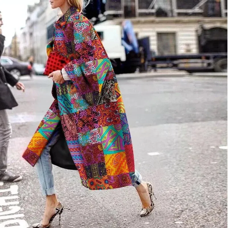 Brownm Long Flared Sleeves Printed Loose Coats