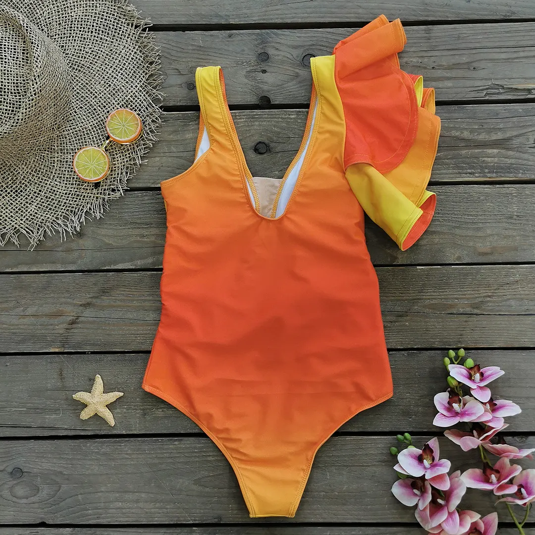 Uveng 2025 New One-Piece Swimsuit Women Two-Piece Set Of Gradient One-Shoulder Double-Edged Swimsuit