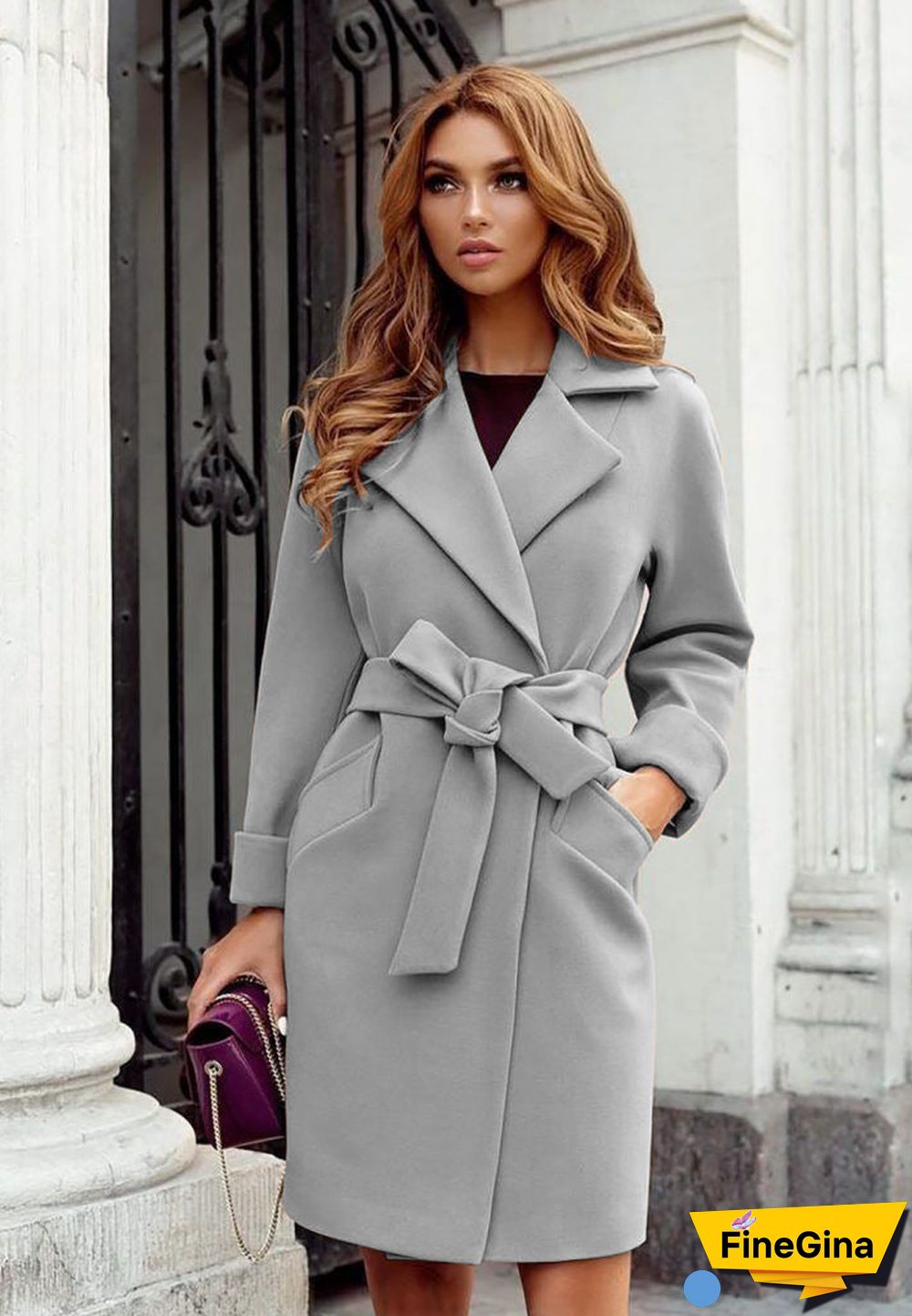 Notched Lapel Collar Belted Wool Blend Coat