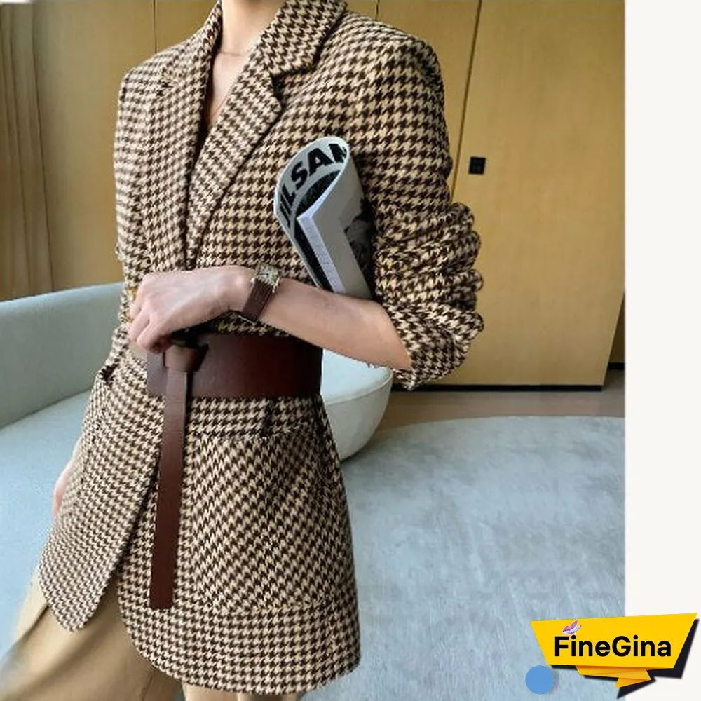 Women Jacket Long Sleeve Plaid Blazer with Belt Autumn Coat Office Lady Elegant V-Neck Over Size Blazers for Women with Pockets