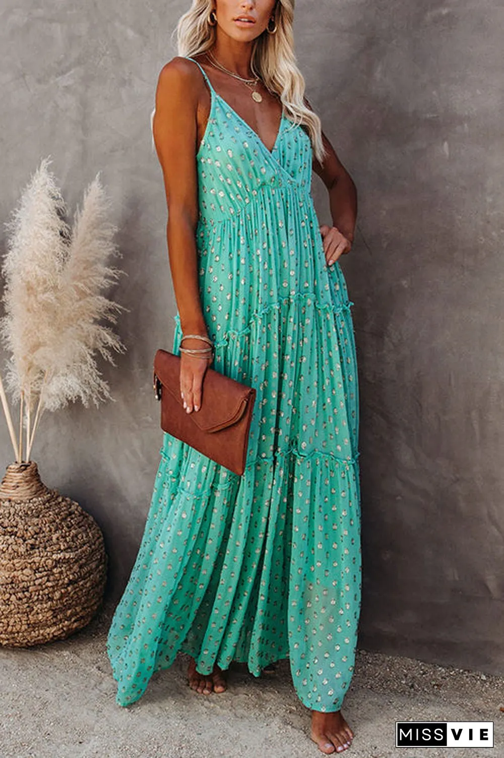Vacation Mood Metallic Polka Dot Maxi Dress