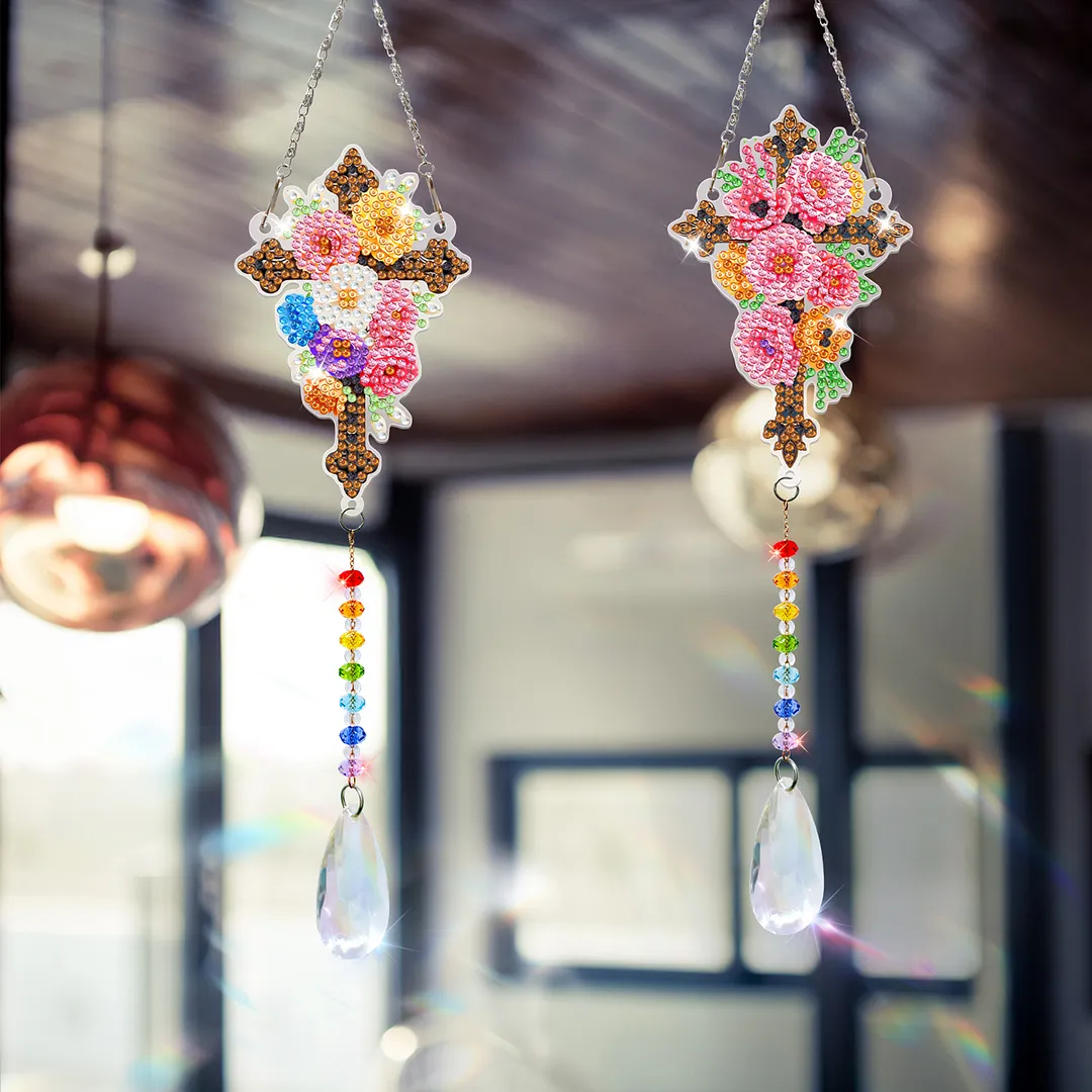 2Pcs Cross DIY Acrylic Diamond Painting Art Wind Chimes with Crystal Pendant Diamond Art Hanging Pendant Double-Sided for Adults Beginners Gift Home Garden Decor