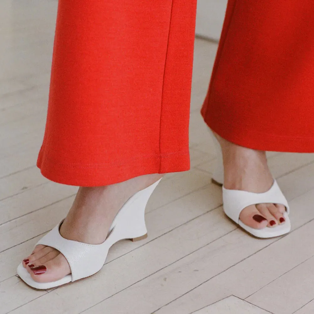 Vegan Suede Square Toe Wedge Heel Slip On Mules for Women in White