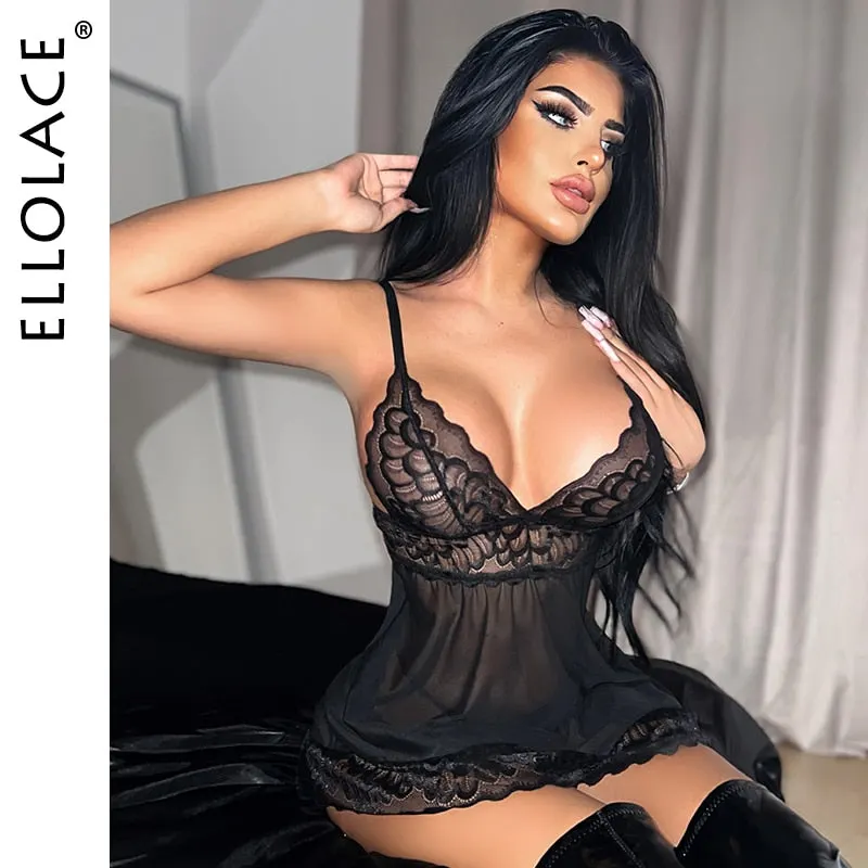 Ellolace Sexy Sleepwear Deep-V Night Dress Women Sleeping Nightgown Red Lace Nightie Lingerie Sleeveless Mini Dress Homewear