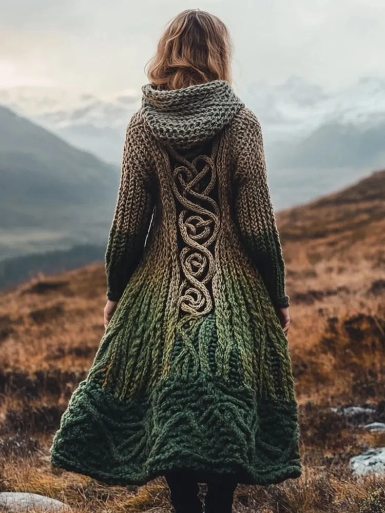 Women's Vintage Contrast Color Celtic Knot Chunky Knit Hooded Cardigan