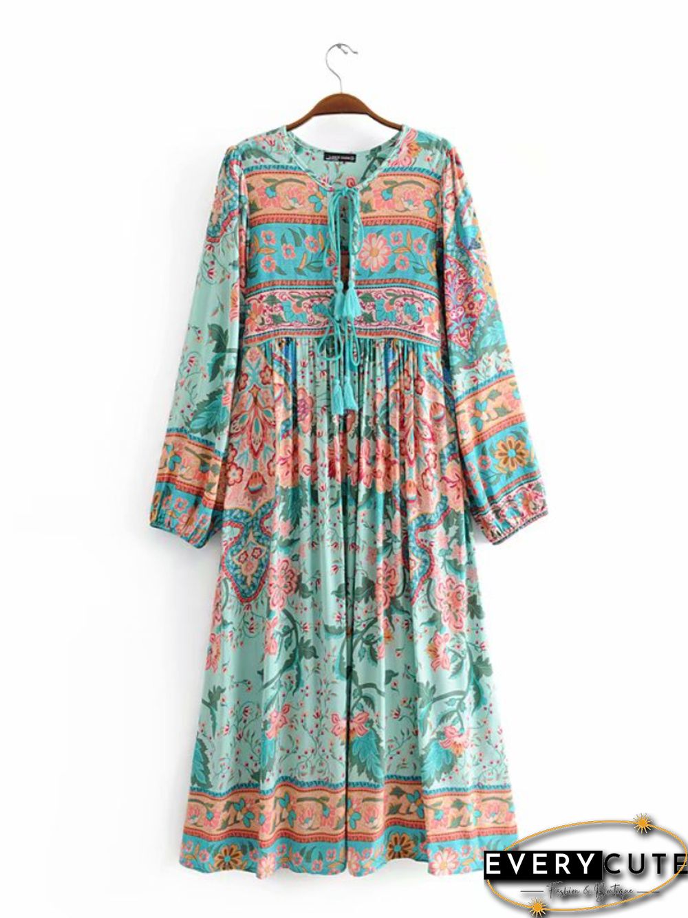 Vintage Chic Fashion Women Long Sleeve Tassel Red Floral Print Beach Bohemian Maxi Dresses Ladies Cotton Pleated Boho Dress Robe