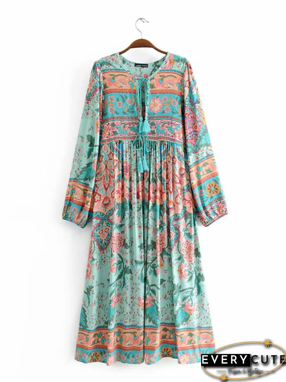 Vintage Chic Fashion Women Long Sleeve Tassel Red Floral Print Beach Bohemian Maxi Dresses Ladies Cotton Pleated Boho Dress Robe