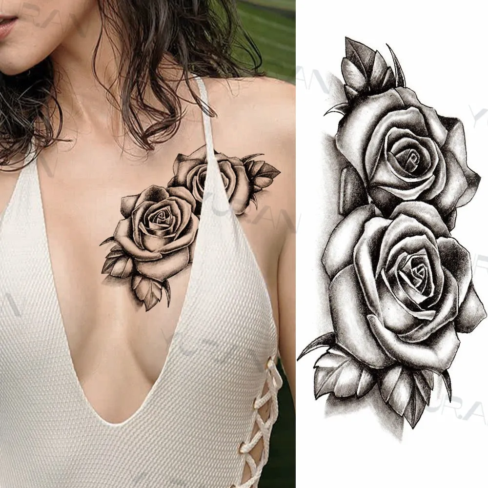 Black Large Snake Flower Fake Tattoo Sticker For Women Dot Rose Peony Temporary Tattoos DIY Water Transfer Tatoos Girls 530