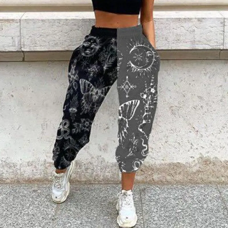 Women Casual Skull Print Patchwork Pants Spring Autumn Elastic Waist Pocket Loose Pencil Pants Female Streetwear Warm Sweatpants