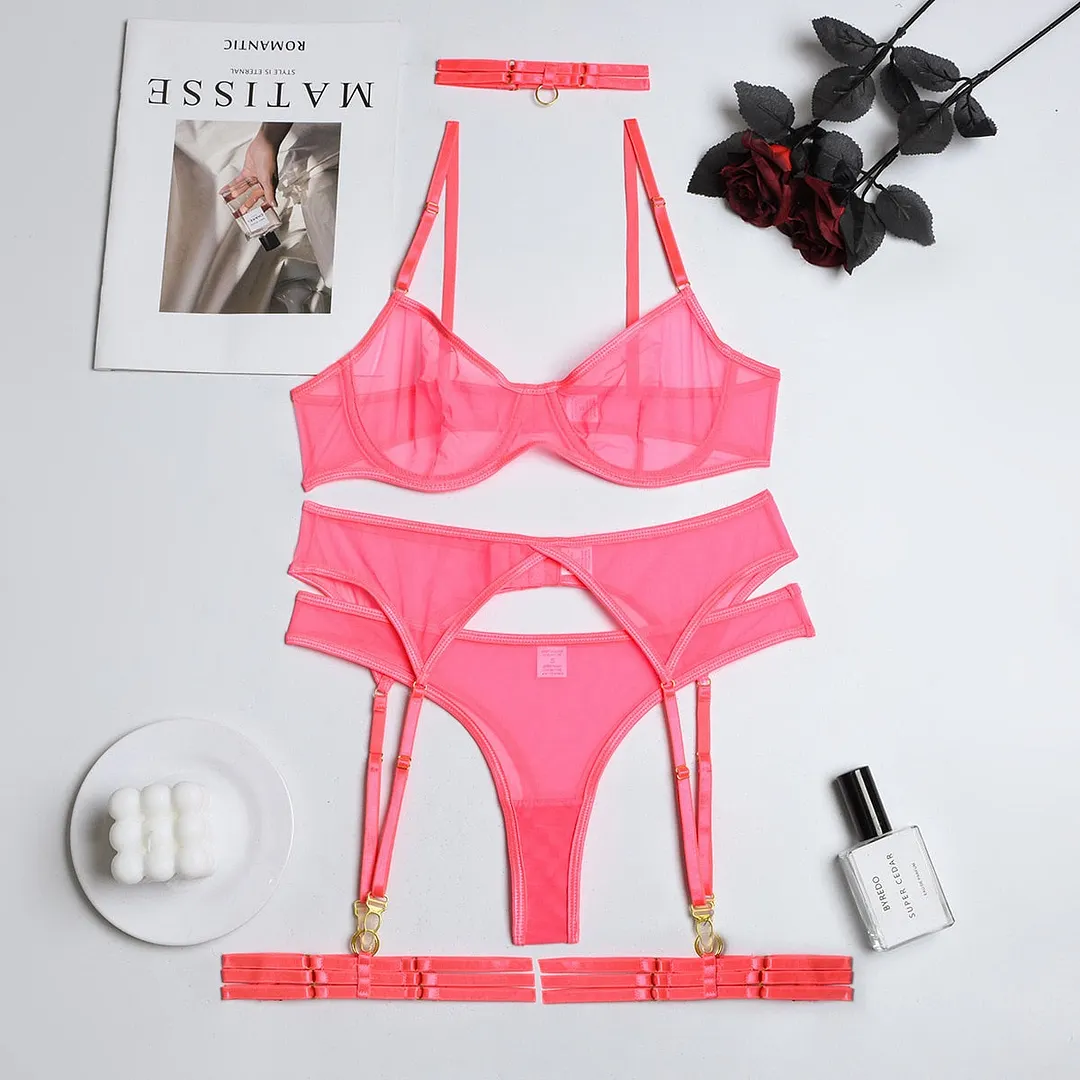 MIRABELLE Sensual Lingerie Set Woman 4 Pieces Sexy Erotic Underwear Bra Garters Brief Sets Transparent Lace Seamless Outfits