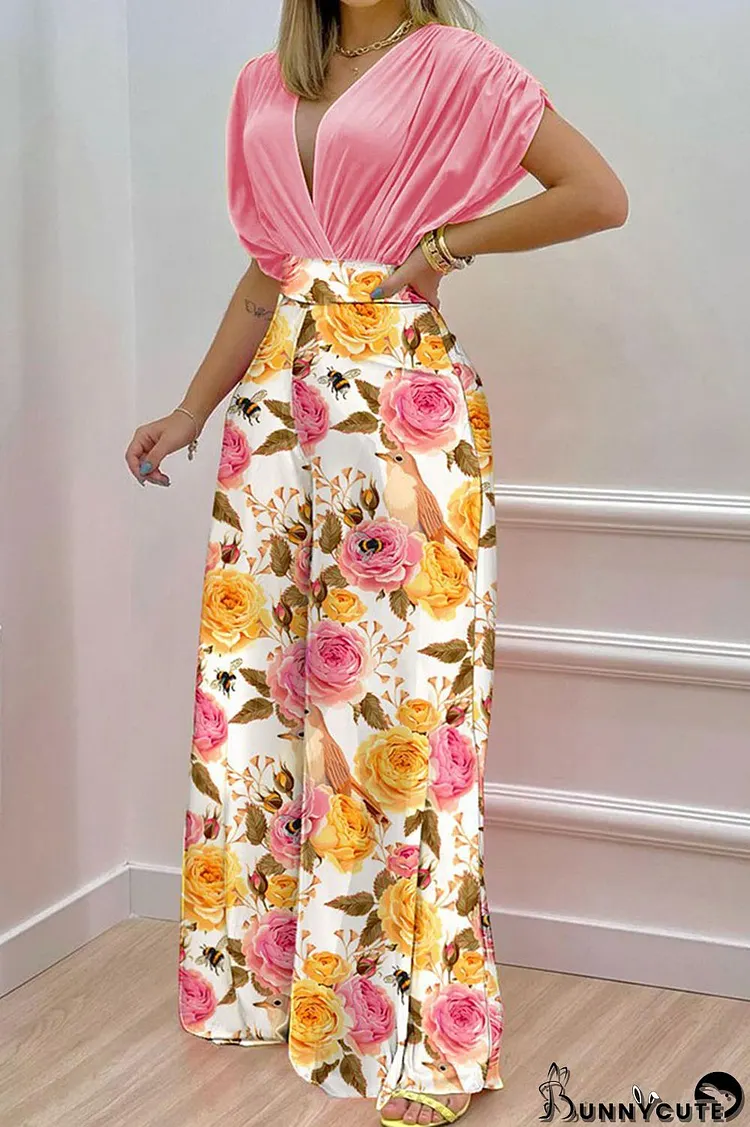 Pink Casual Print Split Joint V Neck Short Sleeve Two Pieces