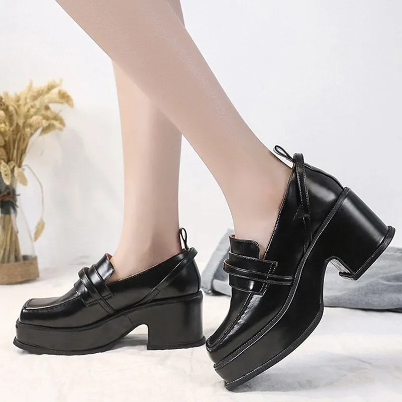 Women High Chunky Heels Pumps Vintage Square Toe British Style PU Leather Shoes Woman 2022 Spring Slip On Platform Shoes