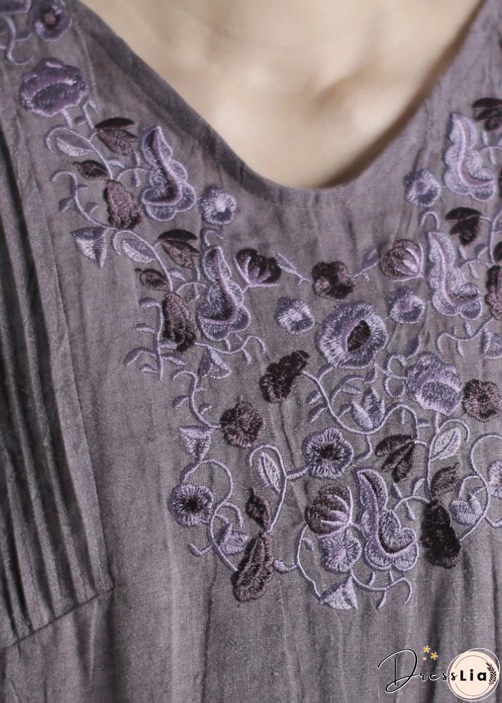 Italian Grey V Neck Embroideried Wrinkled Linen Long Dresses Half Sleeve