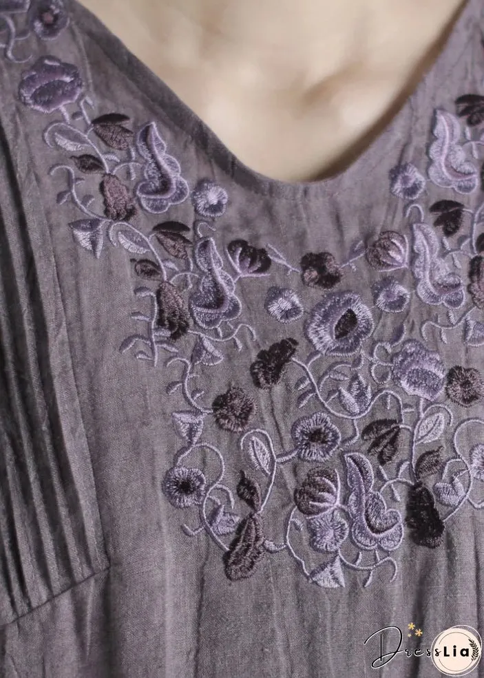Italian Grey V Neck Embroideried Wrinkled Linen Long Dresses Half Sleeve