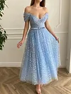 Light Baby Blue Sparkling Prom Dress Off The Shoulder Sweetheart Tulle A Line With Belt Tea Length Ball Gown Party Special Occasion Princess