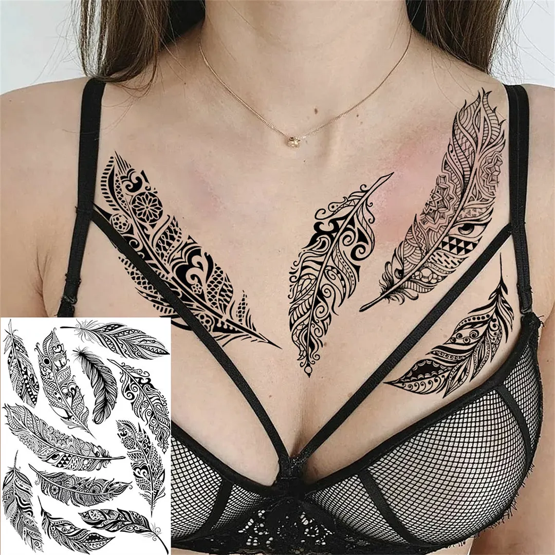 Sexy Black Henna Temporary Tattoos For Women Girls Lotus Flower Lace Tattoo Sticker Fake Jewelry Mandala Body Chest Tatoos Paper