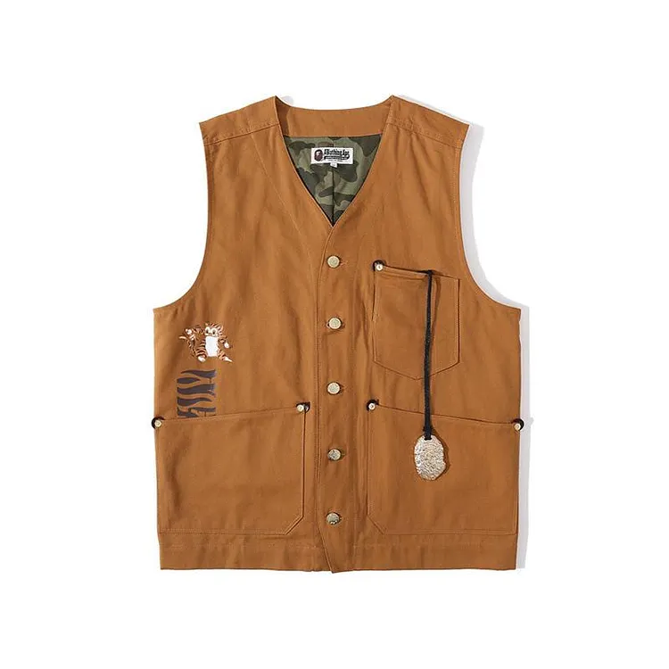Shark Print T Shirt Embroidered Tiger Head Golden Vest