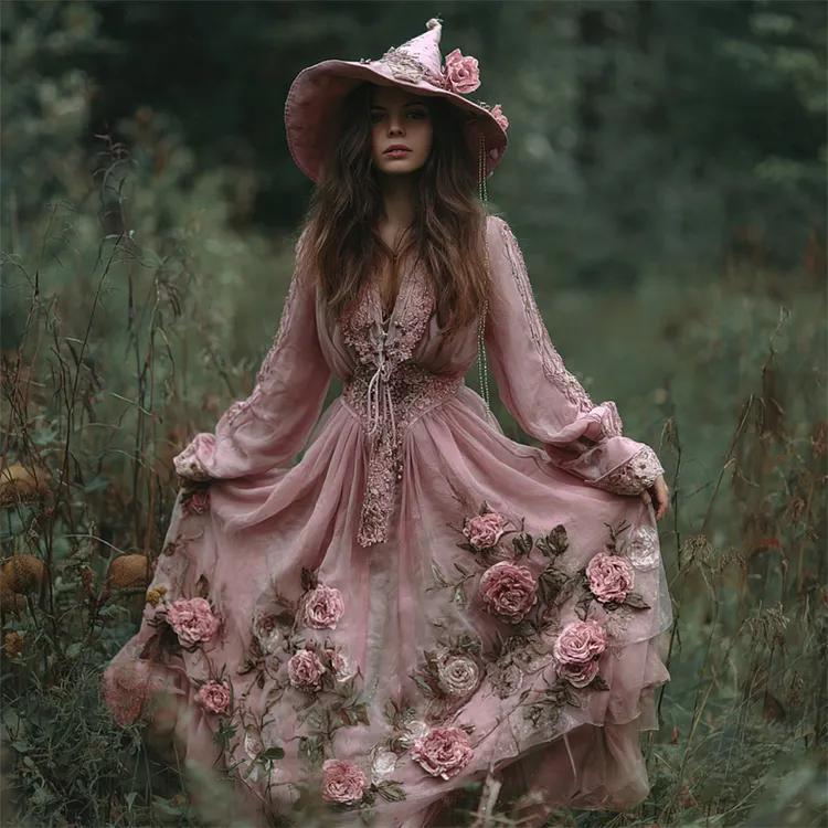 Vintage Pink Witch Roses Fiber Art Flowy Linen Dress