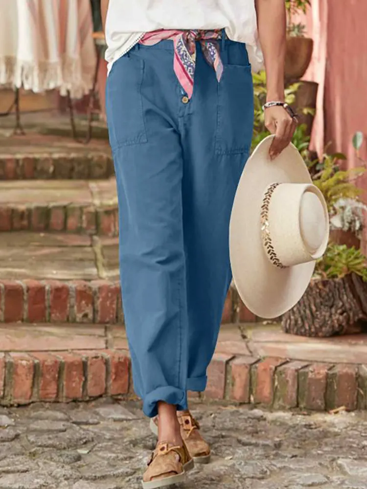 Solid Color Patch Pocket Buttoned Casual Trousers