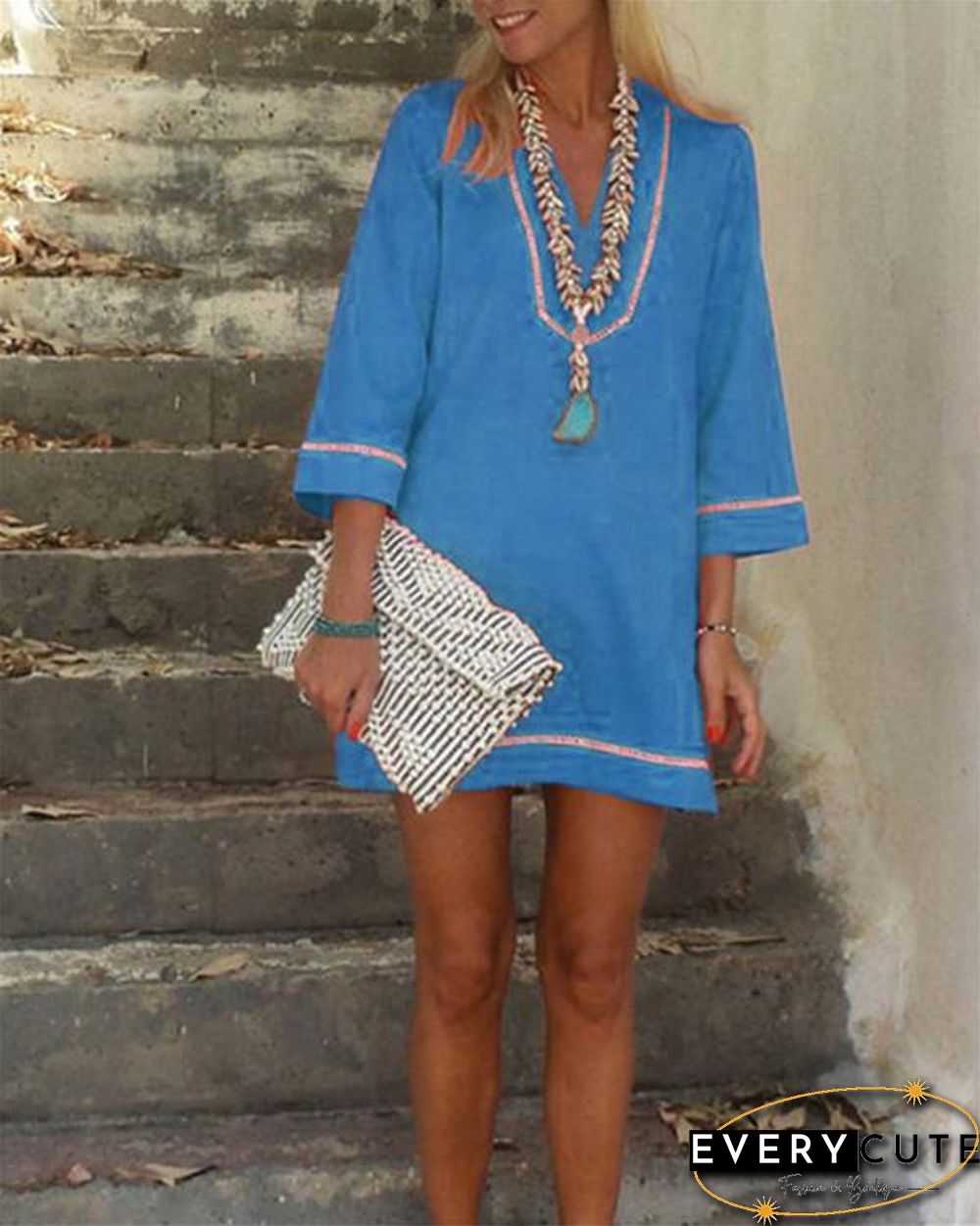 Bohemian Solid 3/4 Sleeve Casual Mini Dress