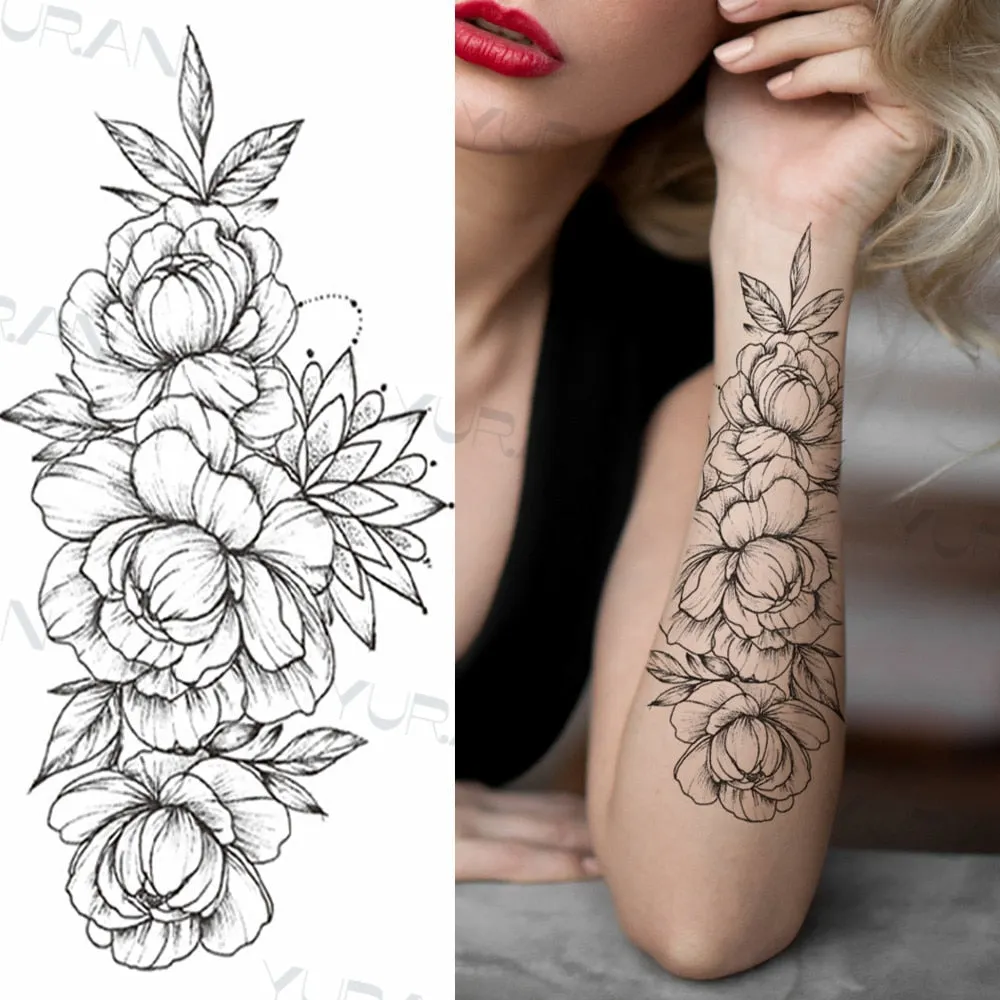 Black Large Snake Flower Fake Tattoo Sticker For Women Dot Rose Peony Temporary Tattoos DIY Water Transfer Tatoos Girls 530