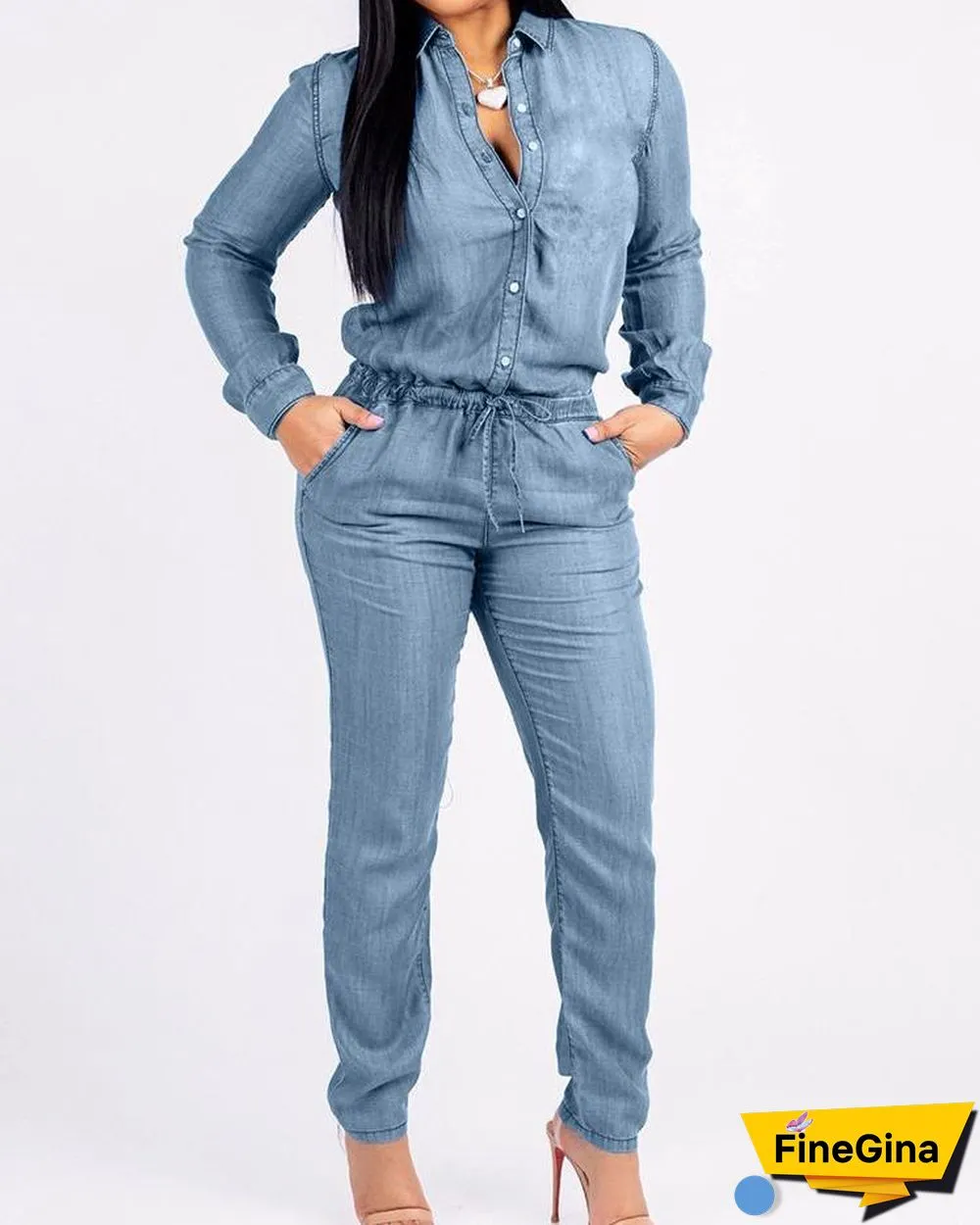 Pocket Design Drawstring Denim Jumpsuit