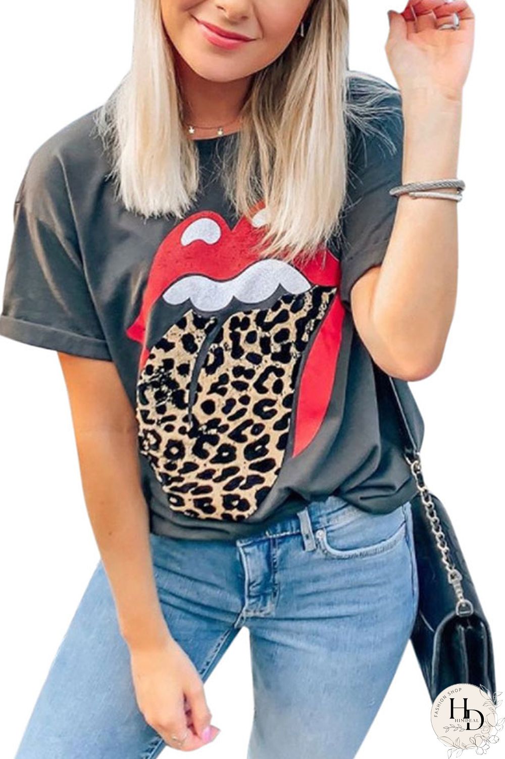 Black White Black Grey O Neck Short Sleeve Patchwork Print Slim fit Lips Print Tops
