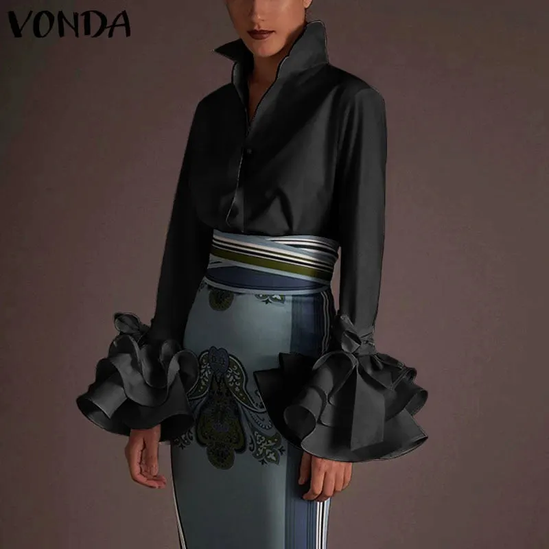 Elegant Women Shirts 2022 VONDA Ladies Office Blouse Casual Solid Tops Turn-down Collar Long Sleeve Party Tops  Blusas