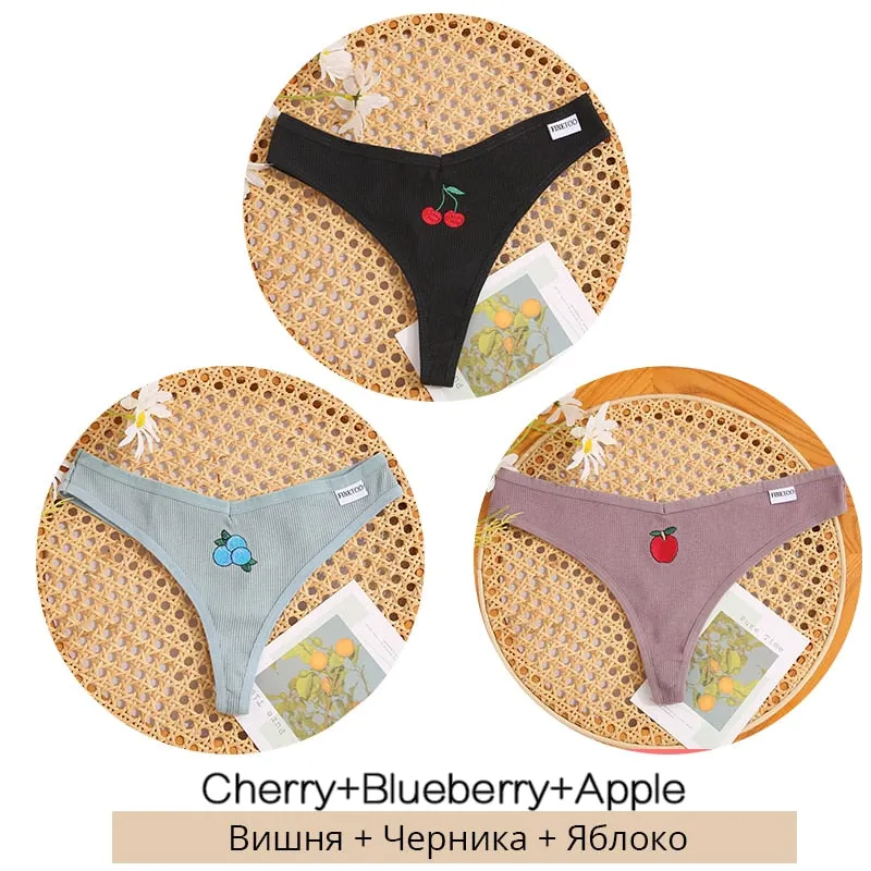 FINETOO 3Pcs/set Cotton Thongs Women Fruit Embroidery G-string Panties M-XL Low Waist T-back Underpants Ladies Underwear Panty