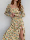 Vintage Floral Printed Split-Side Pleated Square-Neck Long Sleeves Midi Dress
