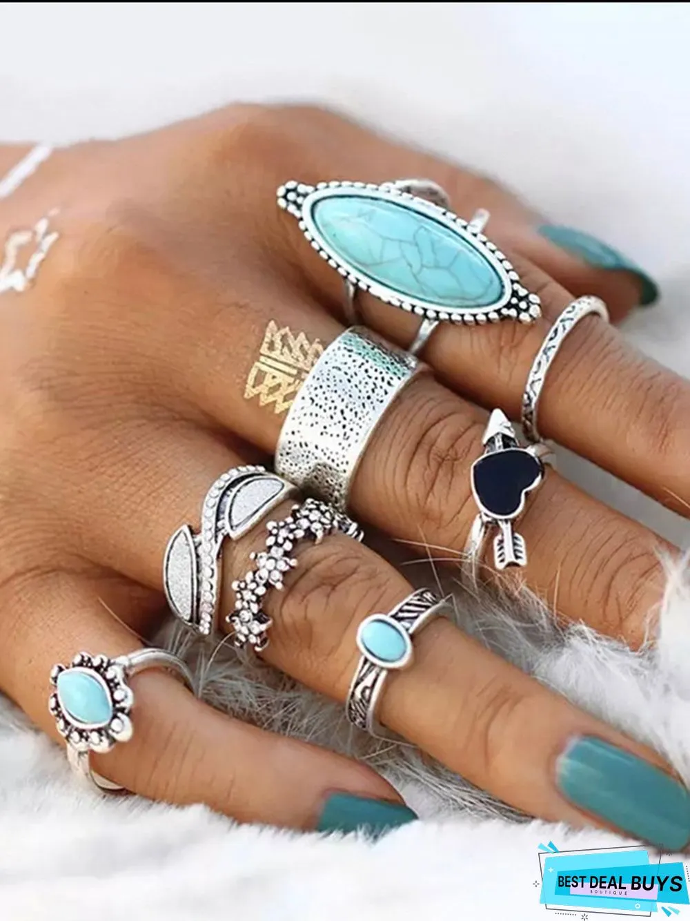 8Pcs Ethnic Style Turquoise Heart Ring Set Beach Holiday Jewelry