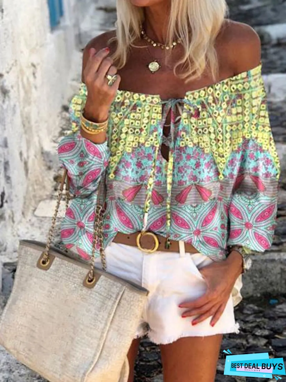 Multicolor Off Shoulder Cold Shoulder Printed Cotton-Blend 3/4 Sleeve Tops