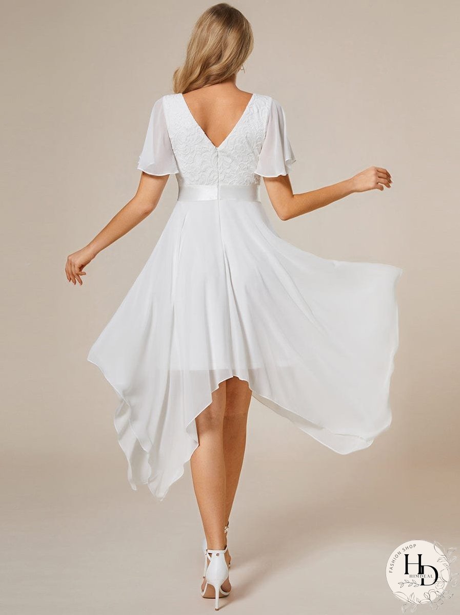 V-Neck Asymmetrical Dress with Short Sleeves
